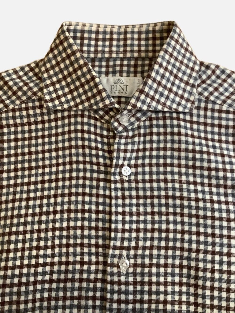 Pini Parma Brown Grey Gingham Cotton Flannel Shirt Tailored Fit 15 38